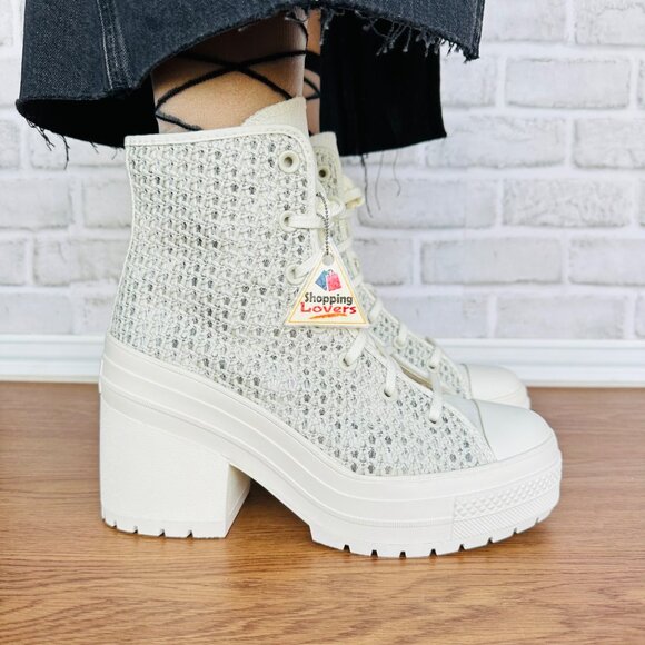 Converse Chuck 70 De Luxe Heel Platform Knit 9.5 Women Shoes Egret Boots A07535C - Picture 3 of 13